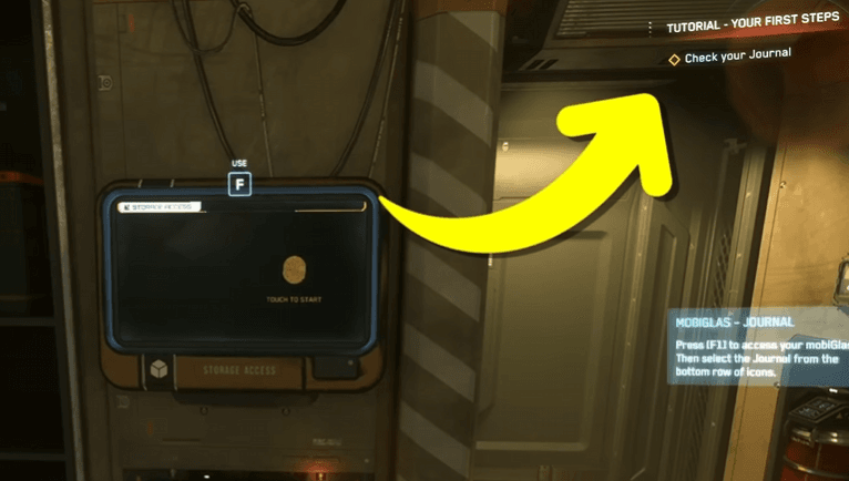 Star Citizen tutorial prompt showing the first objective and journal reminder in a starter area