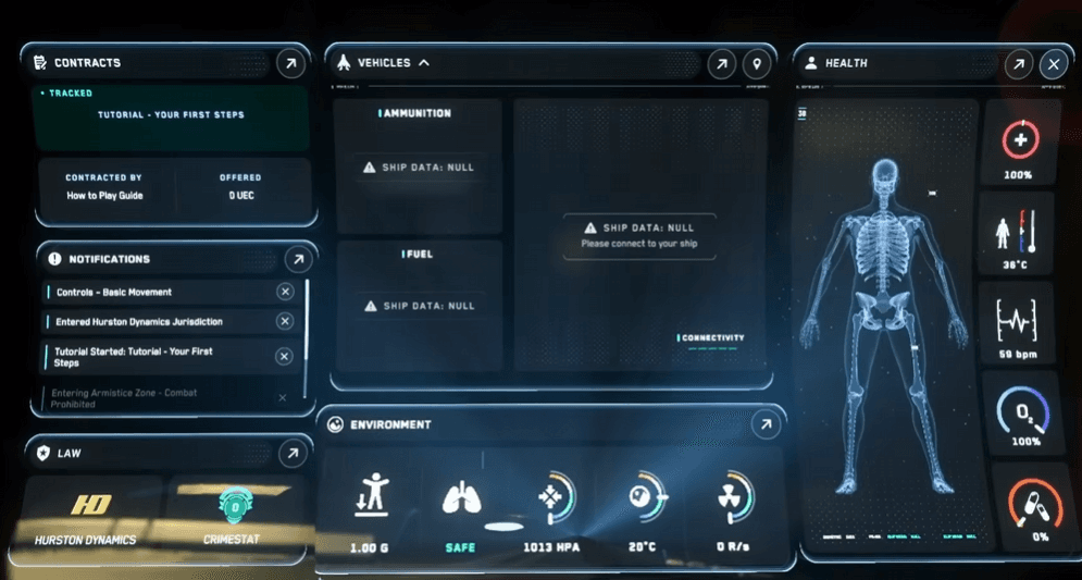 MobiGlas interface showing contracts, notifications, and health panels