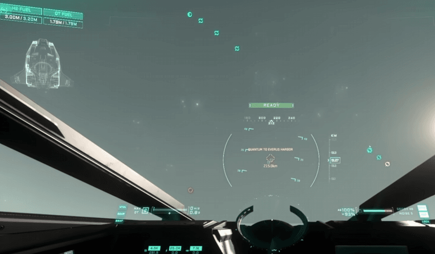 Cockpit HUD with a destination marker and weapon readouts visible