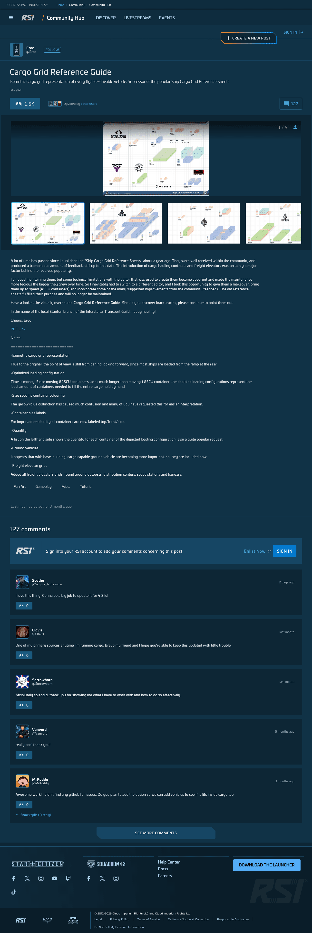 Community Hub cargo grid gallery screenshot showing an isometric ship hold layout with container placements