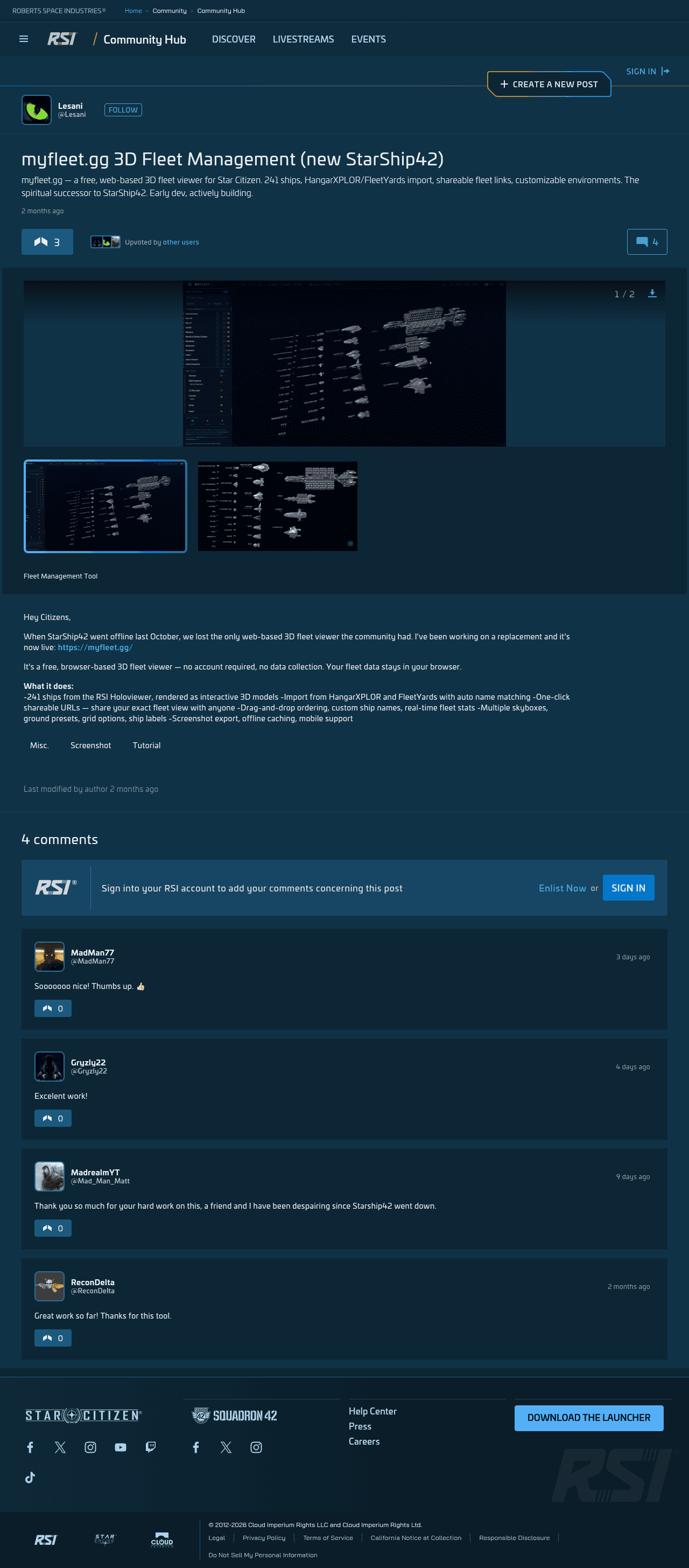 Community Hub fleet management gallery screenshot showing a browser-based ship planning layout