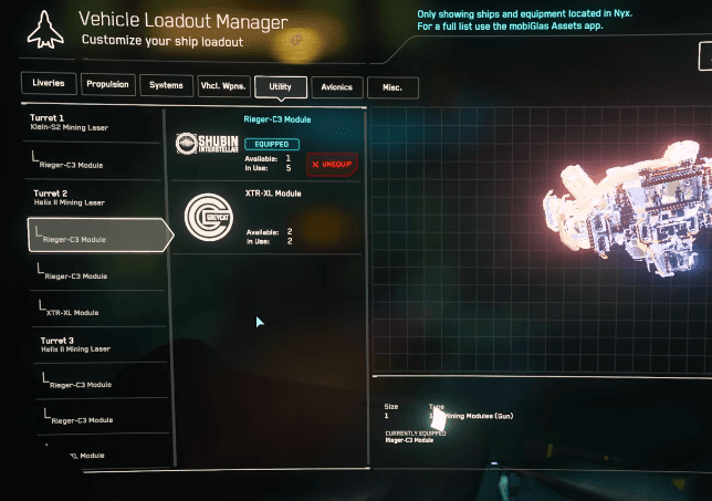 Vehicle loadout manager showing mining lasers and modules fitted to a Mole