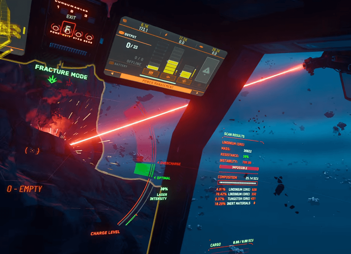 Mining guide showing the charge bar and stable zone while breaking a rock