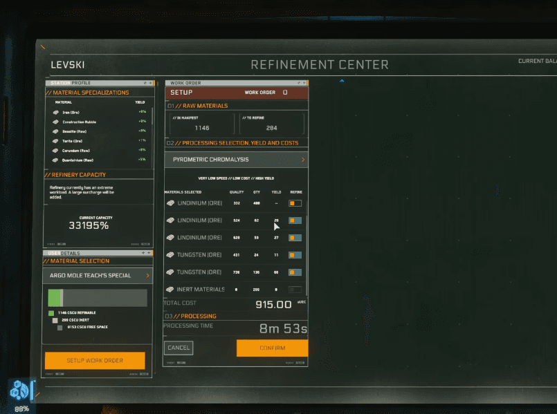 Refinement center screen showing ore batches queued for processing