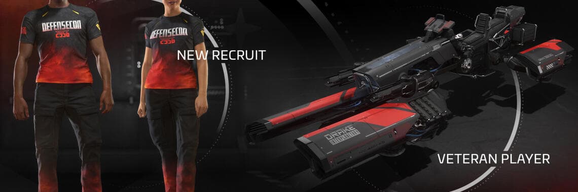 DefenseCon 2956 referral bonus banner showing the Drake Dragonfly Coalfire ship reward